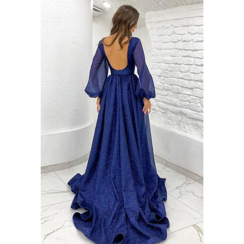 Vestido de fiesta brillante de corte A con mangas largas y escote en V pronunciado