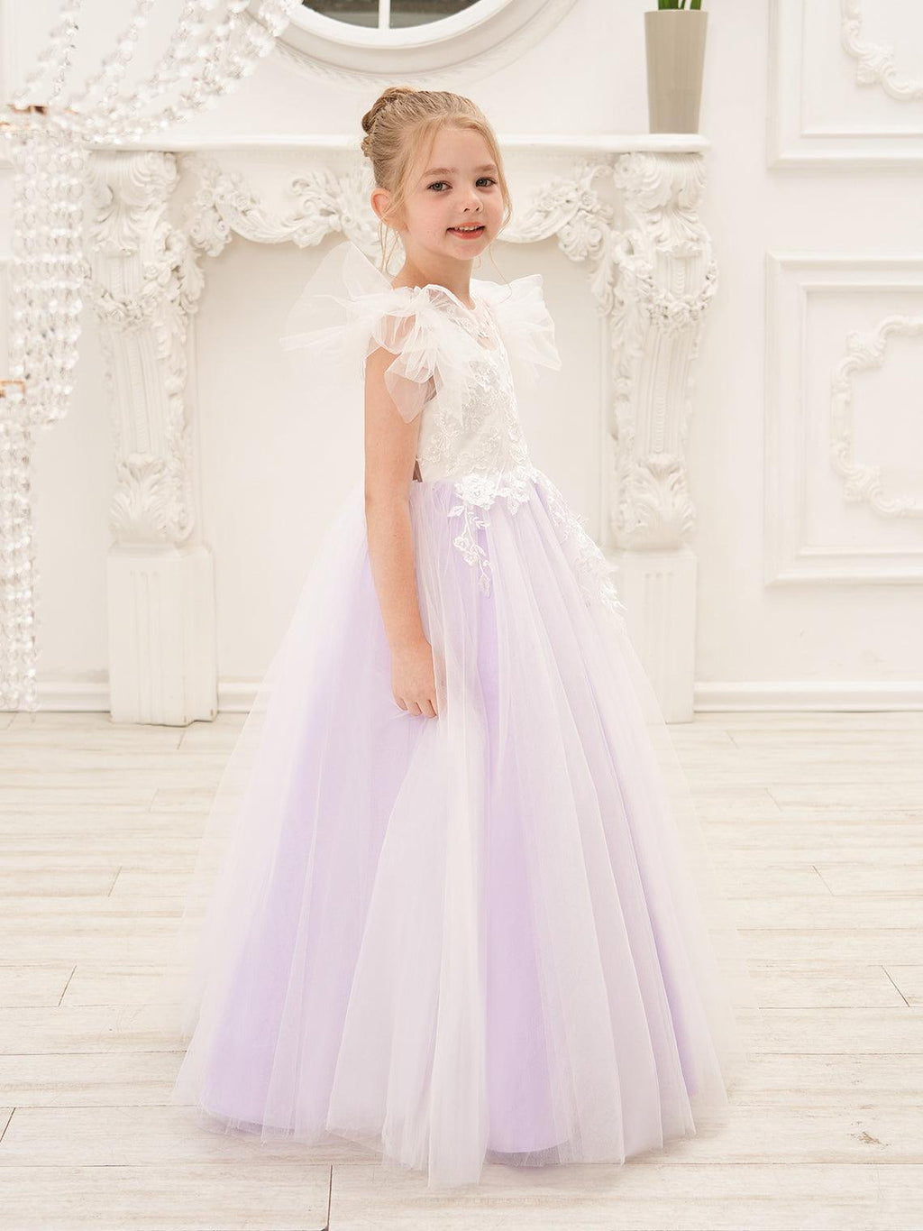 Abnehmbares Blumenmädchenkleid aus Spitze und Tüll mit Schleppe 
