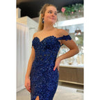 Sheath/Column Off-Shoulder Sequined Split Sleeveless Evening Dress