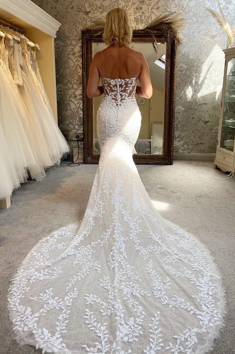 Brautkleid Spitze Trägerlos Meerjungfrau Lang