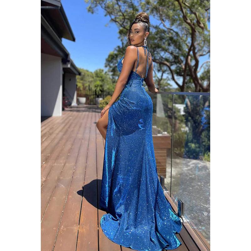 Vestido de fiesta largo con escote en V, tirantes finos, fruncido brillante
