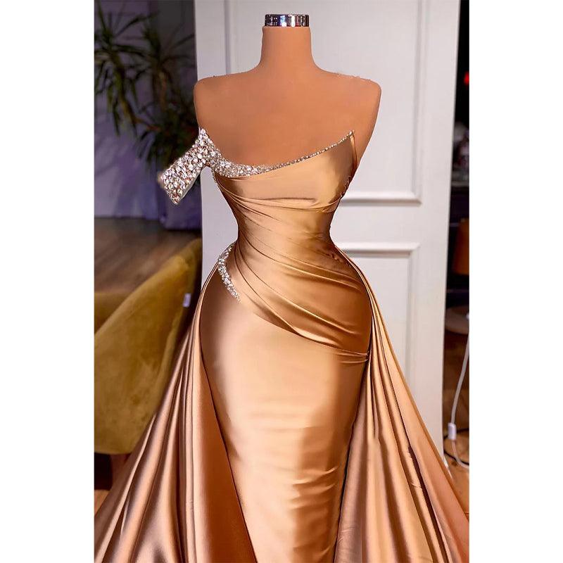 Strapless Pleats Beads Long Formal Evening Dress