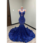 Vestido formal de noche de graduación con apliques de lentejuelas y encaje con escote en V y corte trompeta/sirena