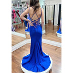Vestido de noche para fiesta de graduación con escote en V, tirantes finos, apliques de cuentas y abertura lateral 