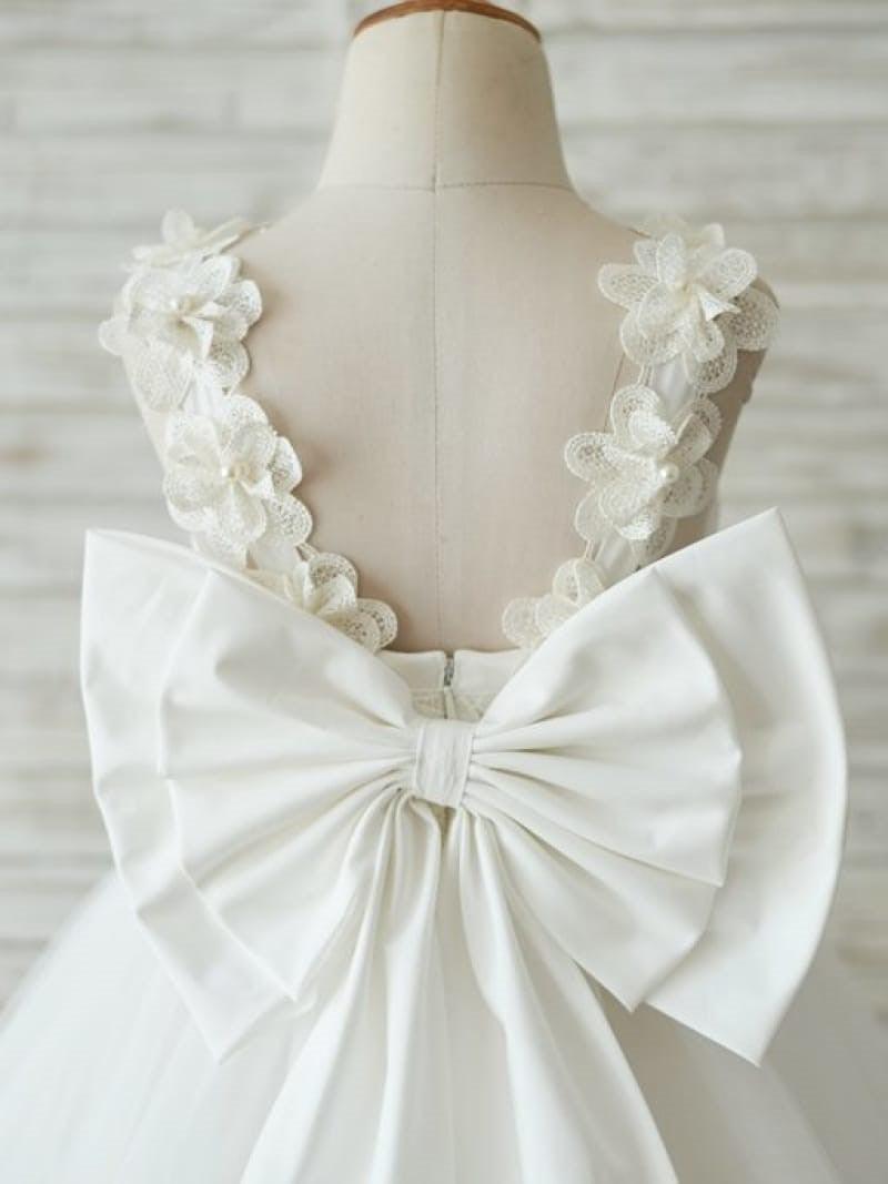 Knielanges 3D-Blumenmädchenkleid aus Spitzentüll 