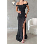 Sheath/column Glitter Off-shoulder Side Split Long Prom Formal Dress