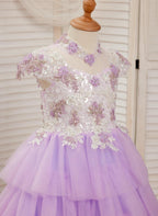 Lila Prinzessinnen-Ballkleid aus Tüll mit Blumenapplikationen und Perlen für Mädchen 