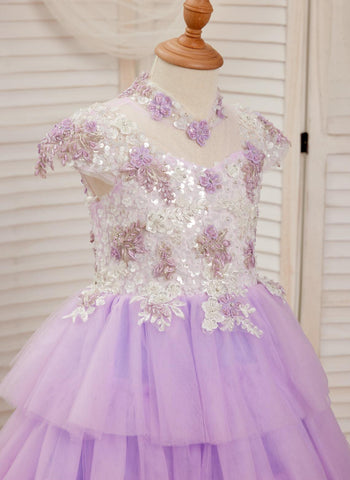 Lila Prinzessinnen-Ballkleid aus Tüll mit Blumenapplikationen und Perlen für Mädchen 