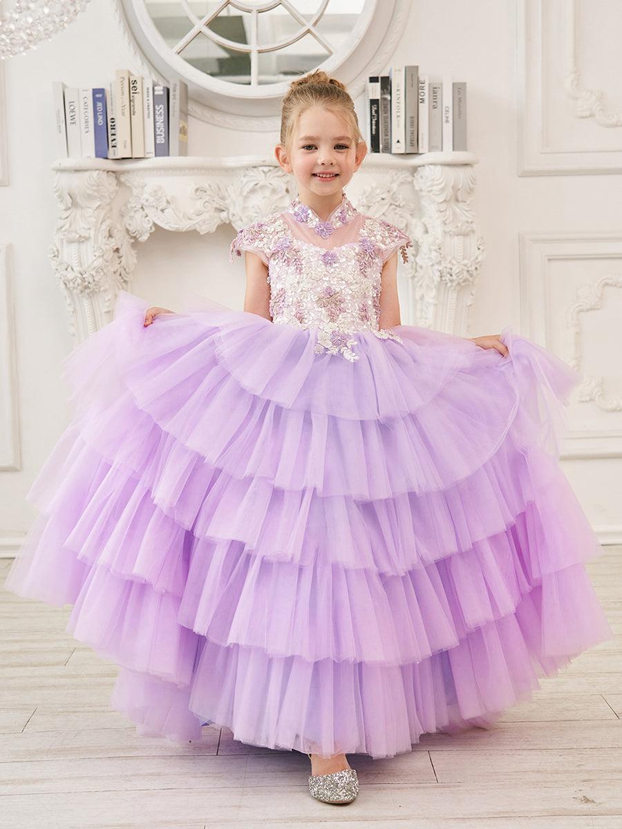 Lila Prinzessinnen-Ballkleid aus Tüll mit Blumenapplikationen und Perlen für Mädchen 