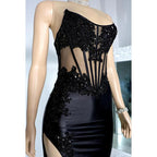 Vestido de noche sexy y atractivo con escote redondo, sin mangas, apliques y abertura lateral para fiesta y graduación