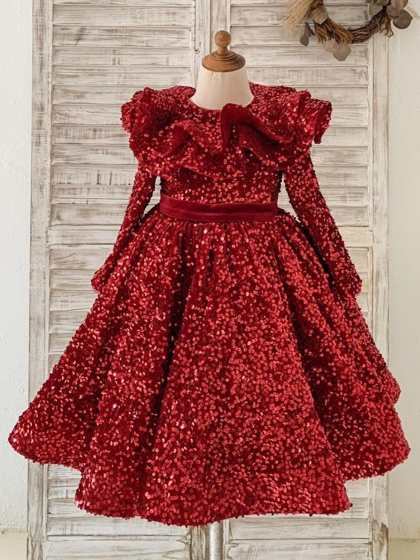 Vestido de niña burdeos hasta la rodilla de terciopelo con lentejuelas 