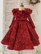 Vestido de niña burdeos hasta la rodilla de terciopelo con lentejuelas 