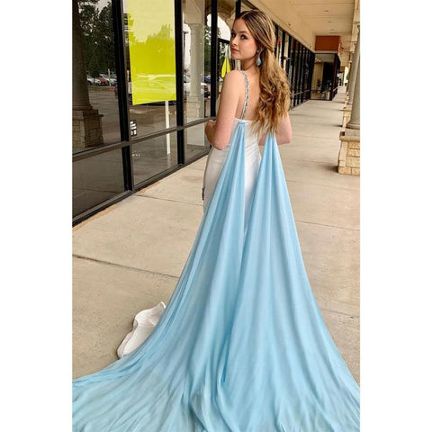 Sheath V-neck Straps Beaded Long Prom Dress with Shawl Split Evening Gowns