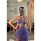 Vestido de fiesta largo con escote corazón, sin tirantes, transparente, con lentejuelas y abertura