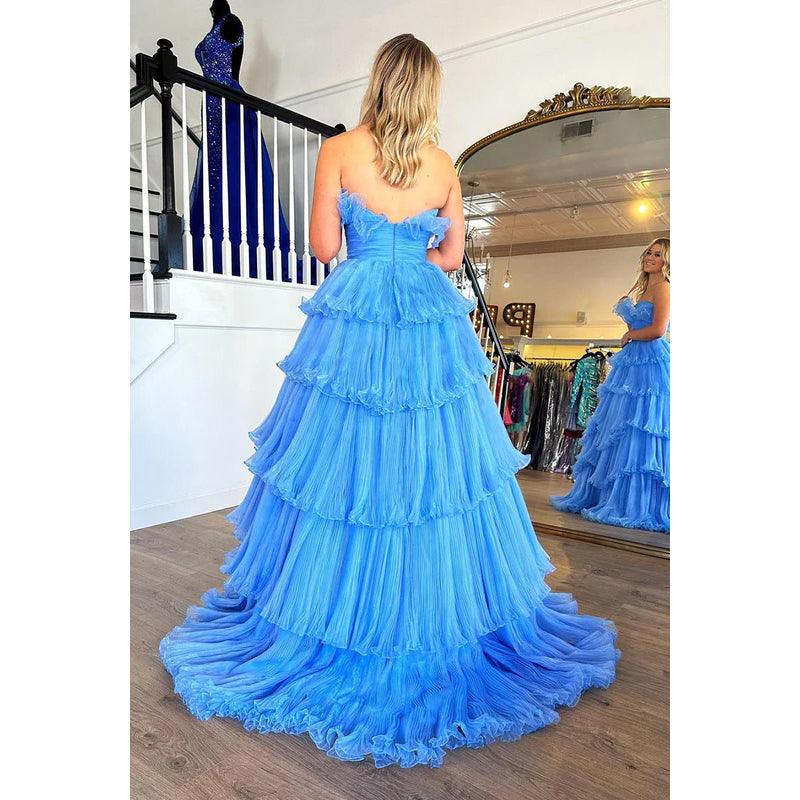 Vestido de fiesta largo de tul fruncido sin tirantes, corte A, con cola larga