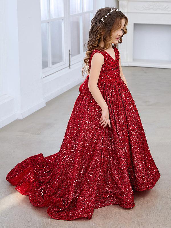 Deslumbrante vestido de princesa con lentejuelas rojas, escote en V y cola de corte para niñas 