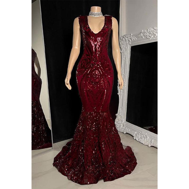 Sexy V-neck Sequins Appliques Mermaid Prom Dress Black Girl for Slay