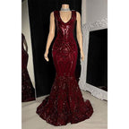 Sexy V-neck Sequins Appliques Mermaid Prom Dress Black Girl for Slay
