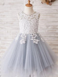 Vestido de niña de las flores azul hasta el suelo con tul y encaje 