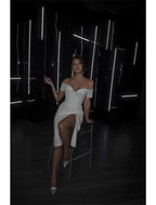 NumberSea - Bachelorette Party Sparkle & Shine Little White Dresses Wedding Dresses Sheath / Column Off Shoulder Cap Sleeve Tea Length Sequined Bridal Gowns With Ruched Split Front