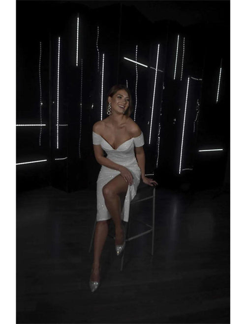 NumberSea - Bachelorette Party Sparkle & Shine Little White Dresses Wedding Dresses Tea Length Sheath / Column Short Sleeve Off Shoulder Sequined With Ruched Split Front