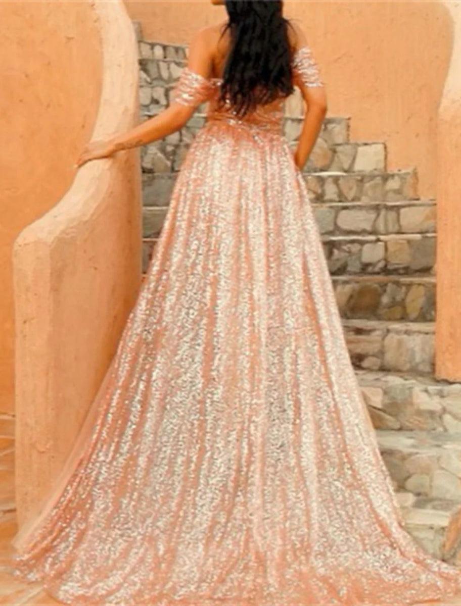Bachelorette Party Sparkle & Shine Wedding Dresses A-Line Off Shoulder Cap Sleeve Court Train Sequined Bridal Gowns with Solid Color, Ivory / US 10 / Bachelorette Party Sparkle & Shine Wedding Dresses A-Line Off Shoulder Cap Sleeve Court Train Sequined Bridal Gowns with Solid Color, Ivory / US 10 /