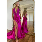 Vestido de fiesta de graduación con escote en V, sin mangas, fruncido, estilo tubo/columna, halter, abertura lateral