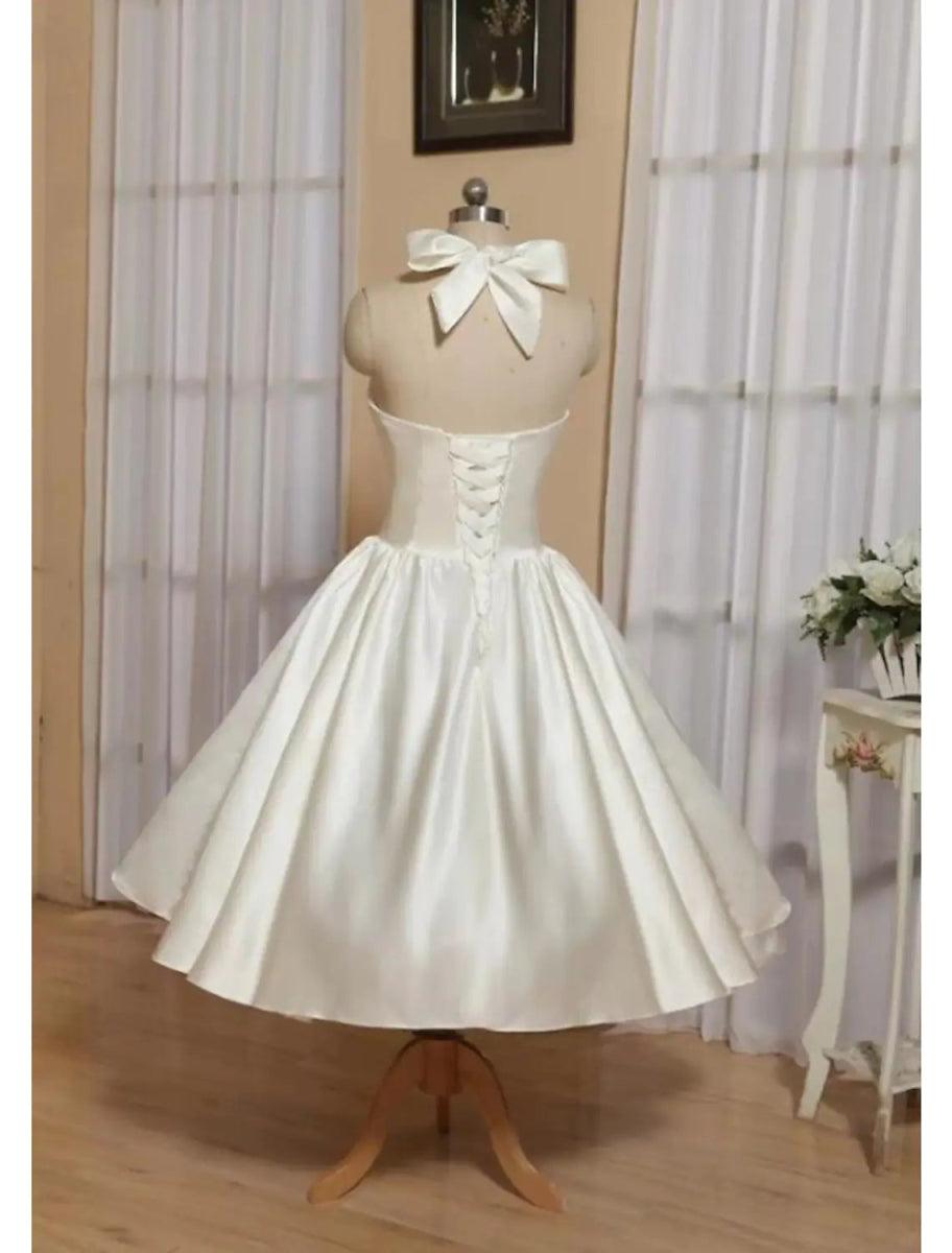 NumberSea - Ball Gown A - Line Cocktail Dresses Minimalist Dress Engagement Tea Length Sleeveless Halter Italy Satin with Butterfly Pure Color
