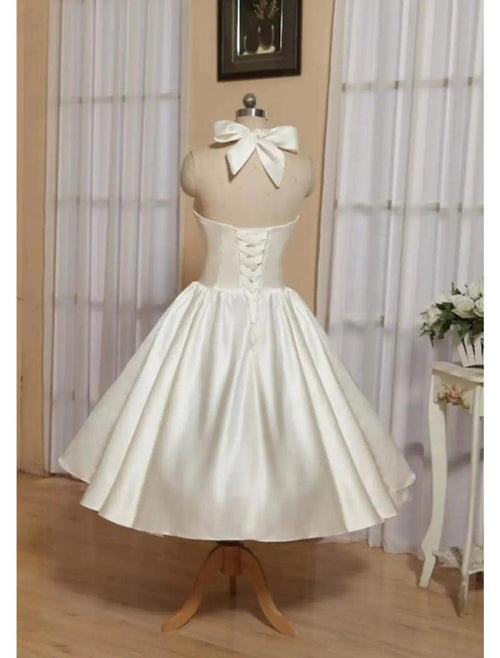 NumberSea - Ball Gown A - Line Cocktail Dresses Minimalist Dress Engagement Tea Length Sleeveless Halter Italy Satin with Butterfly Pure Color