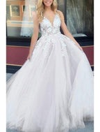 NumberSea - Ball Gown A - Line Prom Dresses Color Block Dress Formal Floor Length Sleeveless V Neck Tulle Backless V Back with Beading Appliques