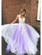 NumberSea - Ball Gown A - Line Prom Dresses Color Block Dress Formal Floor Length Sleeveless V Neck Tulle Backless V Back with Beading Appliques