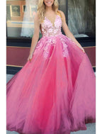 NumberSea - Ball Gown A - Line Prom Dresses Color Block Dress Formal Floor Length Sleeveless V Neck Tulle Backless V Back with Beading Appliques