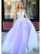 NumberSea - Ball Gown A - Line Prom Dresses Color Block Dress Formal Floor Length Sleeveless V Neck Tulle Backless V Back with Beading Appliques