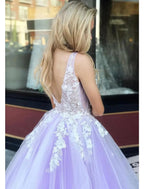 NumberSea - Ball Gown A - Line Prom Dresses Color Block Dress Formal Floor Length Sleeveless V Neck Tulle Backless V Back with Beading Appliques