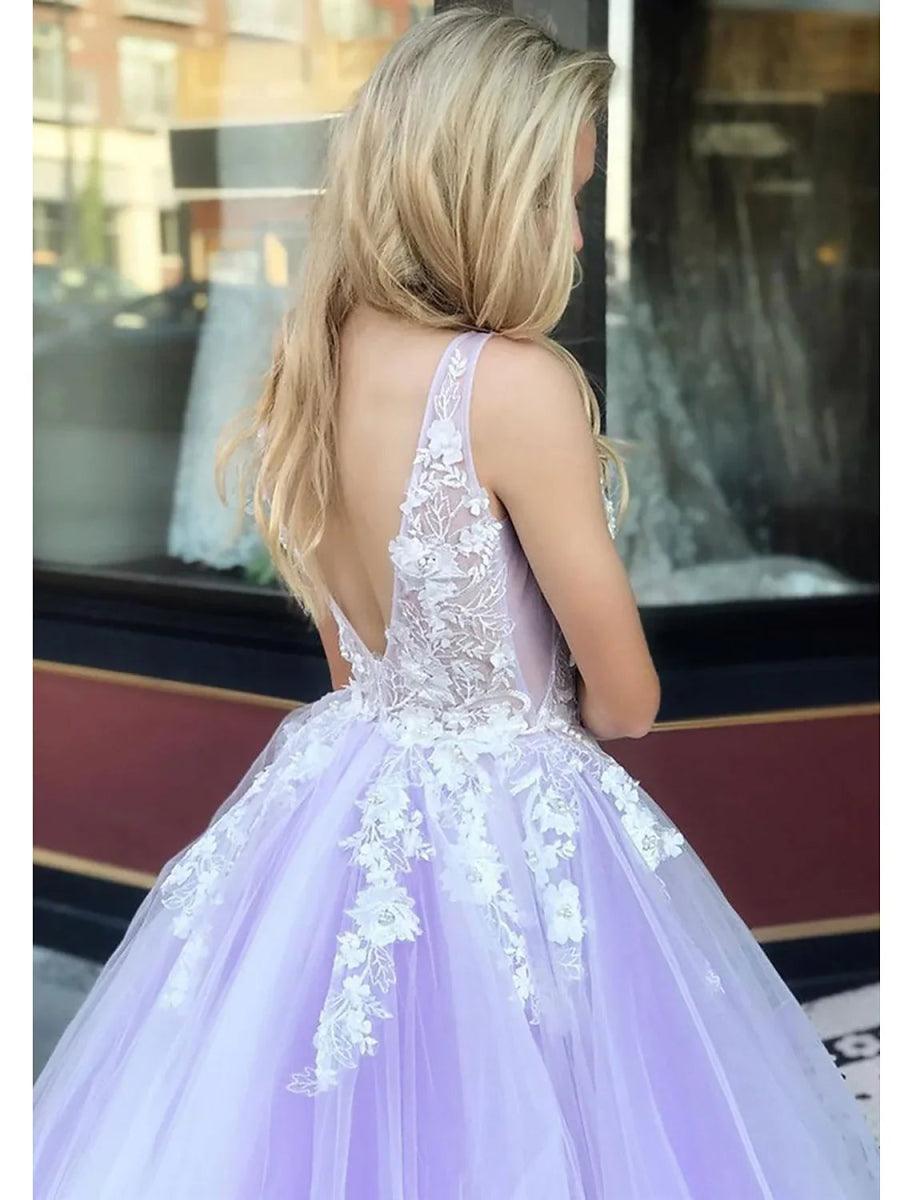 NumberSea - Ball Gown A - Line Prom Dresses Color Block Dress Formal Floor Length Sleeveless V Neck Tulle Backless V Back with Beading Appliques