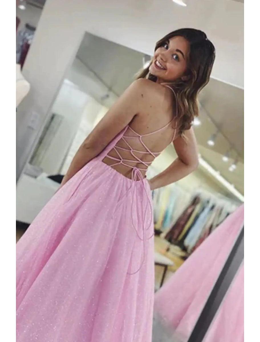 NumberSea - Ball Gown A - Line Prom Dresses Glittering Dress Formal Floor Length Sleeveless V Neck Tulle Backless with Pleats