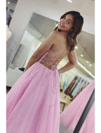 NumberSea - Ball Gown A - Line Prom Dresses Glittering Dress Formal Floor Length Sleeveless V Neck Tulle Backless with Pleats