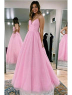 NumberSea - Ball Gown A - Line Prom Dresses Glittering Dress Formal Floor Length Sleeveless V Neck Tulle Backless with Pleats