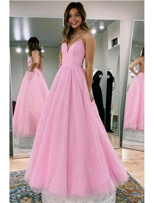 NumberSea - Ball Gown A - Line Prom Dresses Glittering Dress Formal Floor Length Sleeveless V Neck Tulle Backless with Pleats