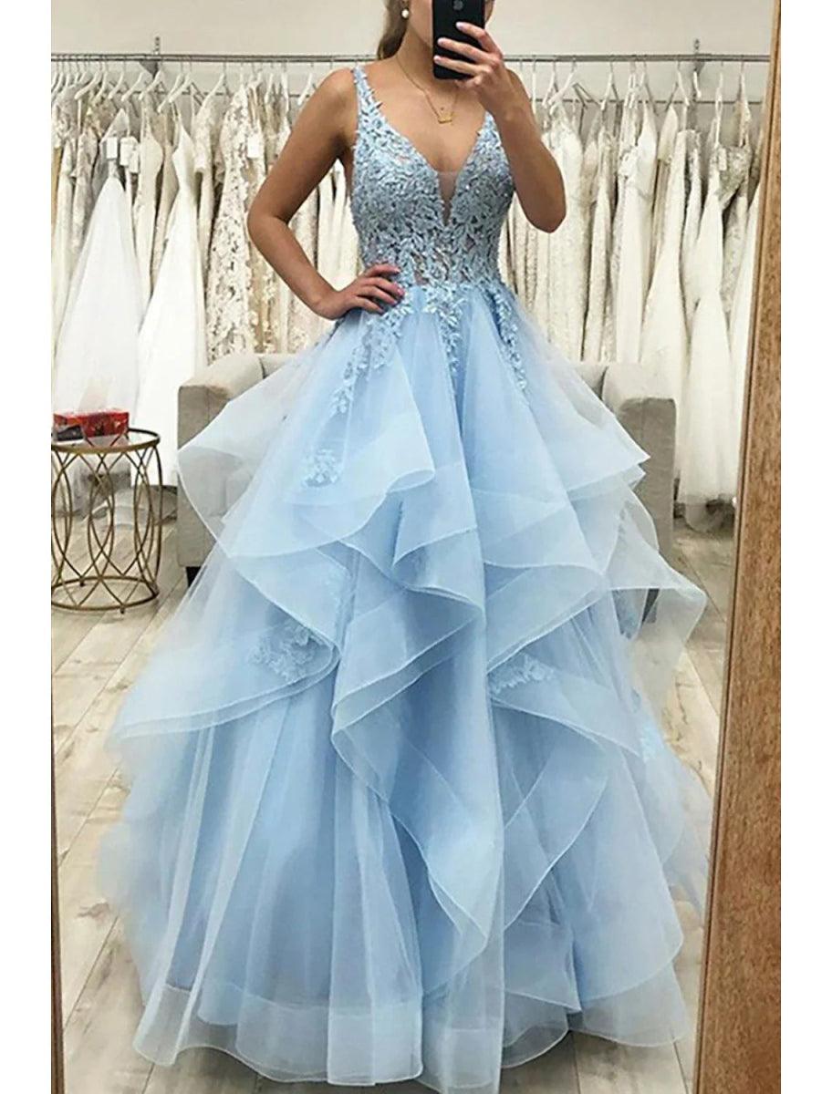 NumberSea-Ball Gown A-Line Prom Dresses Princess Dress Formal Wedding Guest Floor Length Sleeveless V Neck Tulle Backless with Pleats Ruched Appliques