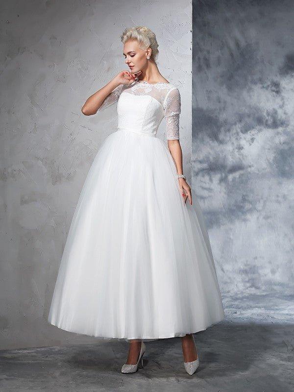 NumberSea - Ball Gown Bateau Lace 1/2 Sleeves Long Net Wedding Dresses