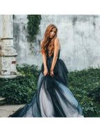 NumberSea - Ball Gown Black Wedding Dress Gothic Quinceanera Dresses Color Block Dress Sweep / Brush Train Sleeveless V Neck Tulle V Back with Pleats Appliques