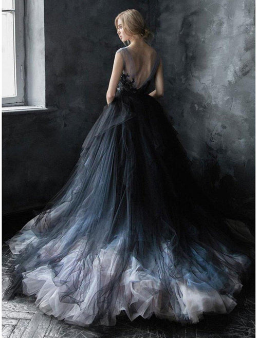 NumberSea - Ball Gown Black Wedding Dress Gothic Quinceanera Dresses Color Block Dress Sweep / Brush Train Sleeveless V Neck Tulle V Back with Pleats Appliques