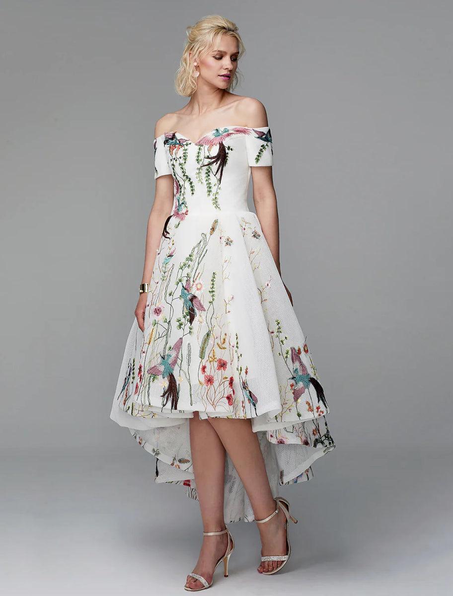 NumberSea - Ball Gown Cute Dress Wedding Guest Asymmetrical Short Sleeve Off Shoulder Polyester with Embroidery