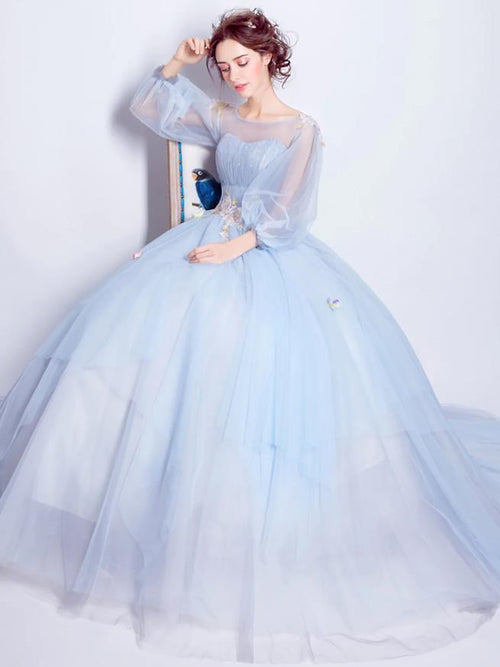 NumberSea - Ball Gown Elegant Floral Puffy Quinceanera Engagement Dress Illusion Neck 3/4 Length Sleeve Floor Length Tulle with Pleats Appliques