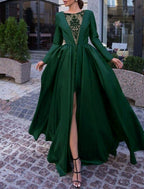 NumberSea - Ball Gown Evening Gown Black Dress Plus Size Vintage Halloween Wedding Party Sweep / Brush Train Long Sleeve Illusion Neck Wednesday Addams Family Satin with Slit Overskirt