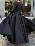 NumberSea - Ball Gown Evening Gown Black Dress Plus Size Vintage Halloween Wedding Party Sweep / Brush Train Long Sleeve Illusion Neck Wednesday Addams Family Satin with Slit Overskirt