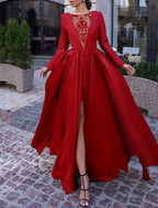 NumberSea - Ball Gown Evening Gown Black Dress Plus Size Vintage Halloween Wedding Party Sweep / Brush Train Long Sleeve Illusion Neck Wednesday Addams Family Satin with Slit Overskirt