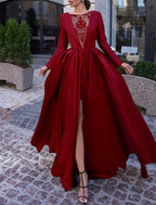 NumberSea - Ball Gown Evening Gown Black Dress Plus Size Vintage Halloween Wedding Party Sweep / Brush Train Long Sleeve Illusion Neck Wednesday Addams Family Satin with Slit Overskirt