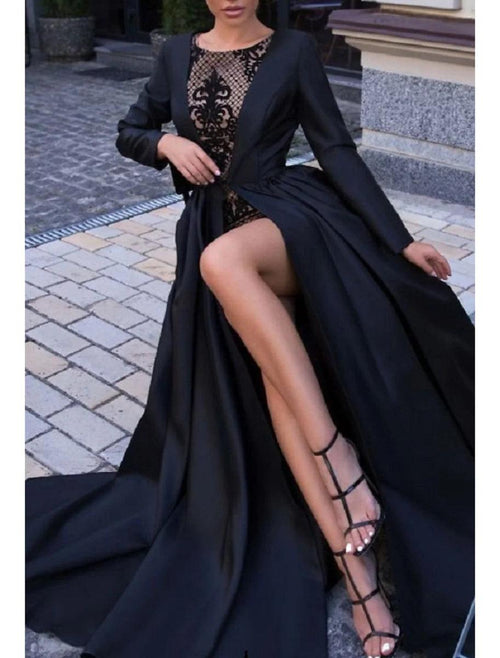 NumberSea - Ball Gown Evening Gown Black Dress Plus Size Vintage Halloween Wedding Party Sweep / Brush Train Long Sleeve Illusion Neck Wednesday Addams Family Satin with Slit Overskirt